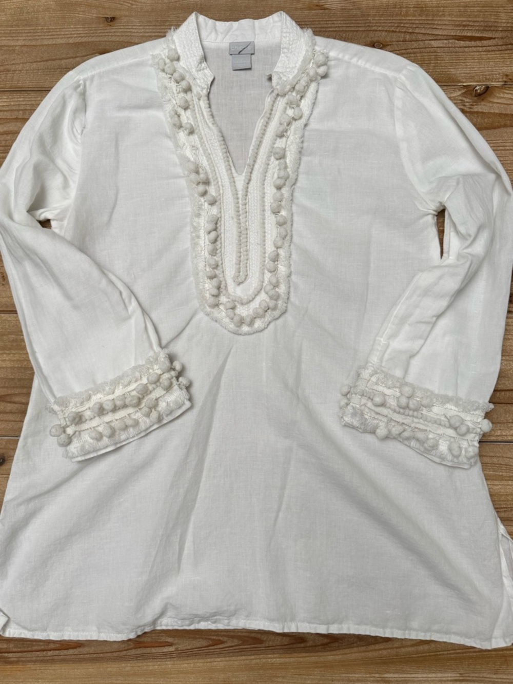 Chico’s Linen Cotton Pom Pom Embroidered White Tunic Boho Top Large (2)